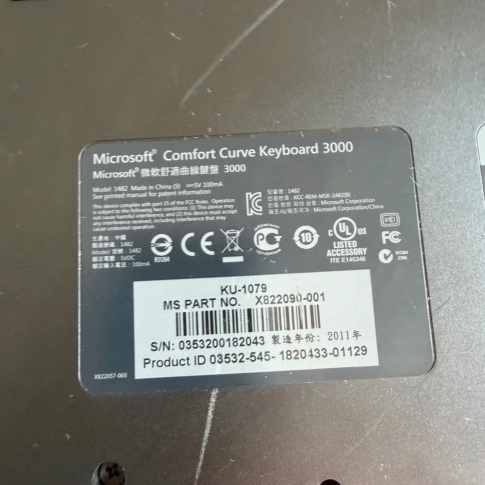 Microsoft Comfort Curve Keyboard 3000 Wired USB Ergonomic Black Model 1482